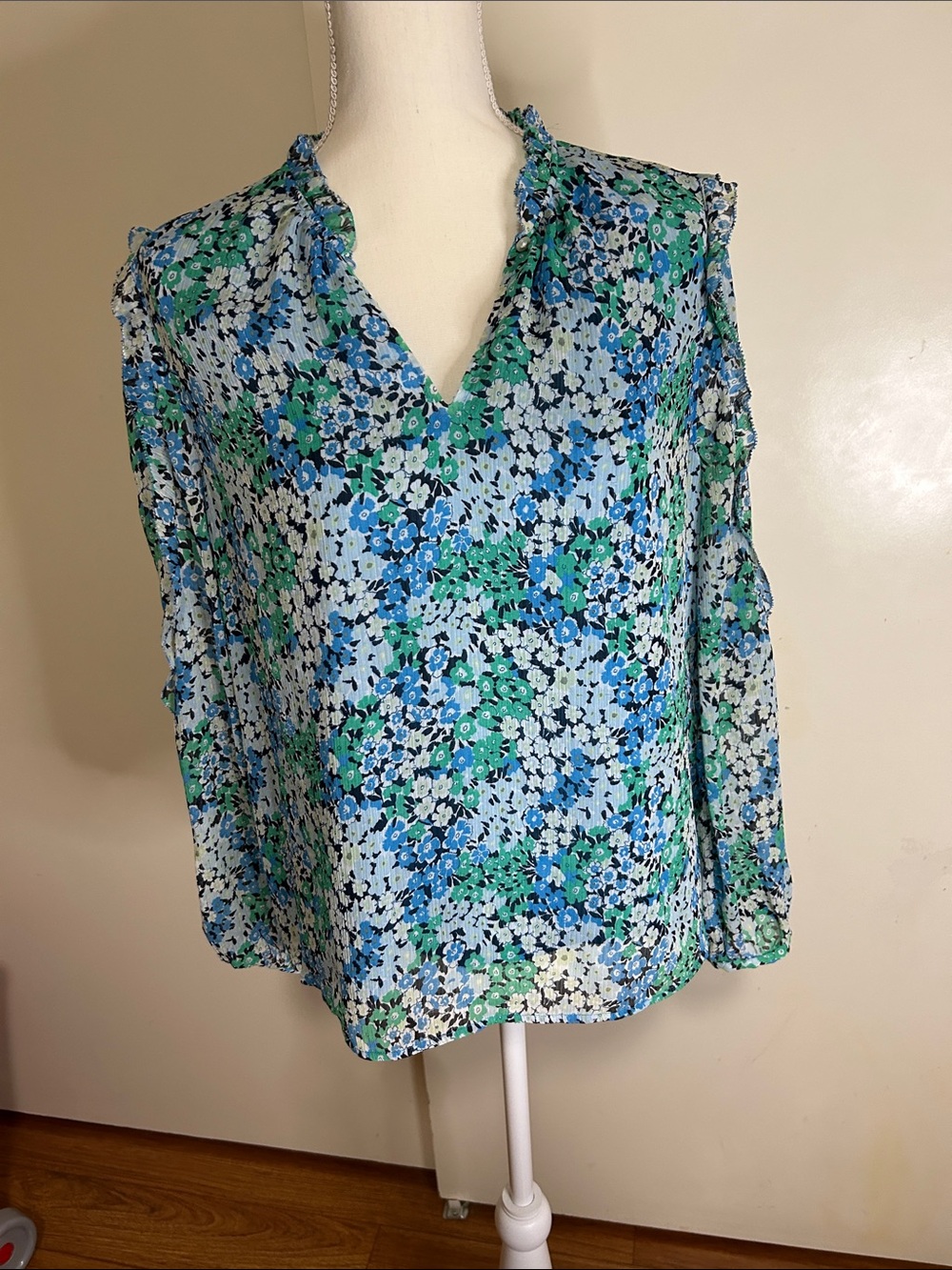 LOFT Blue & Green Floral V-Neck Ruffle Blouse